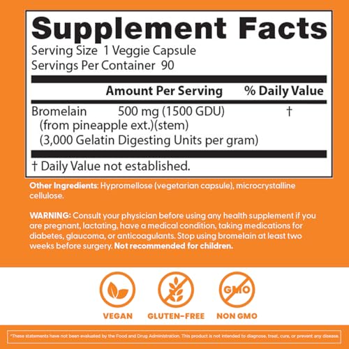 Doctor's Best Bromelain tablet detail indicating digestion support with meals.