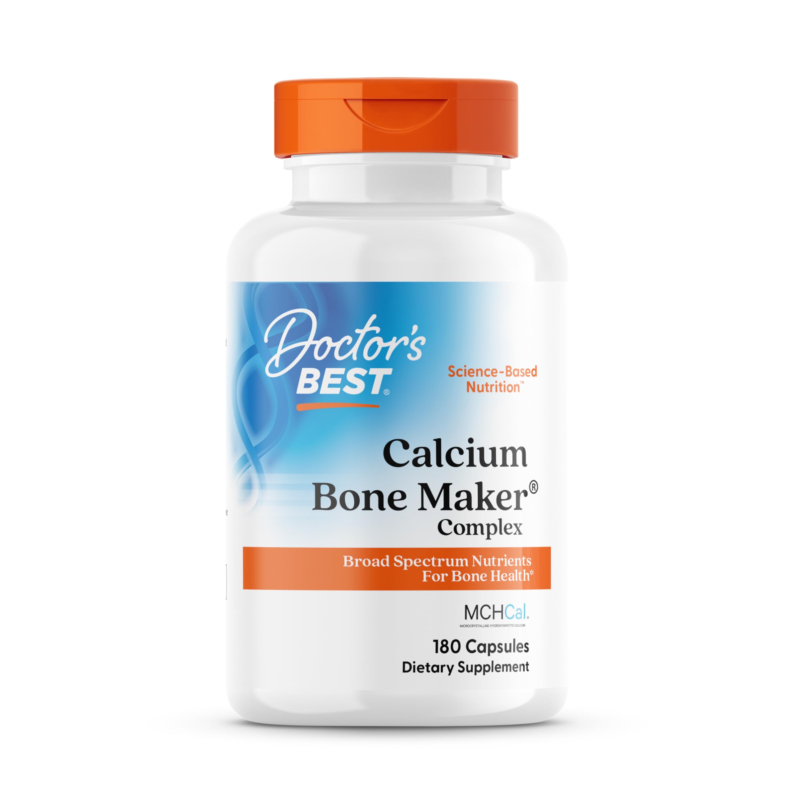 Doctor's Best Calcium Bone Maker Complex bottle label highlighting broad bone health nutrients