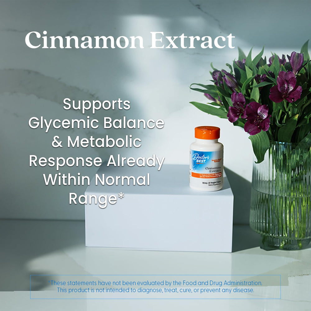 Back panel of Doctor's Best Cinnamon bottle with vegan and non-GMO badges