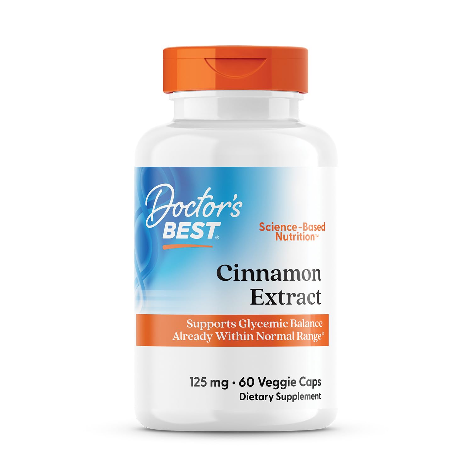 Doctor's Best Cinnamon Cinnulin PF bottle front view highlighting glycemic balance support.