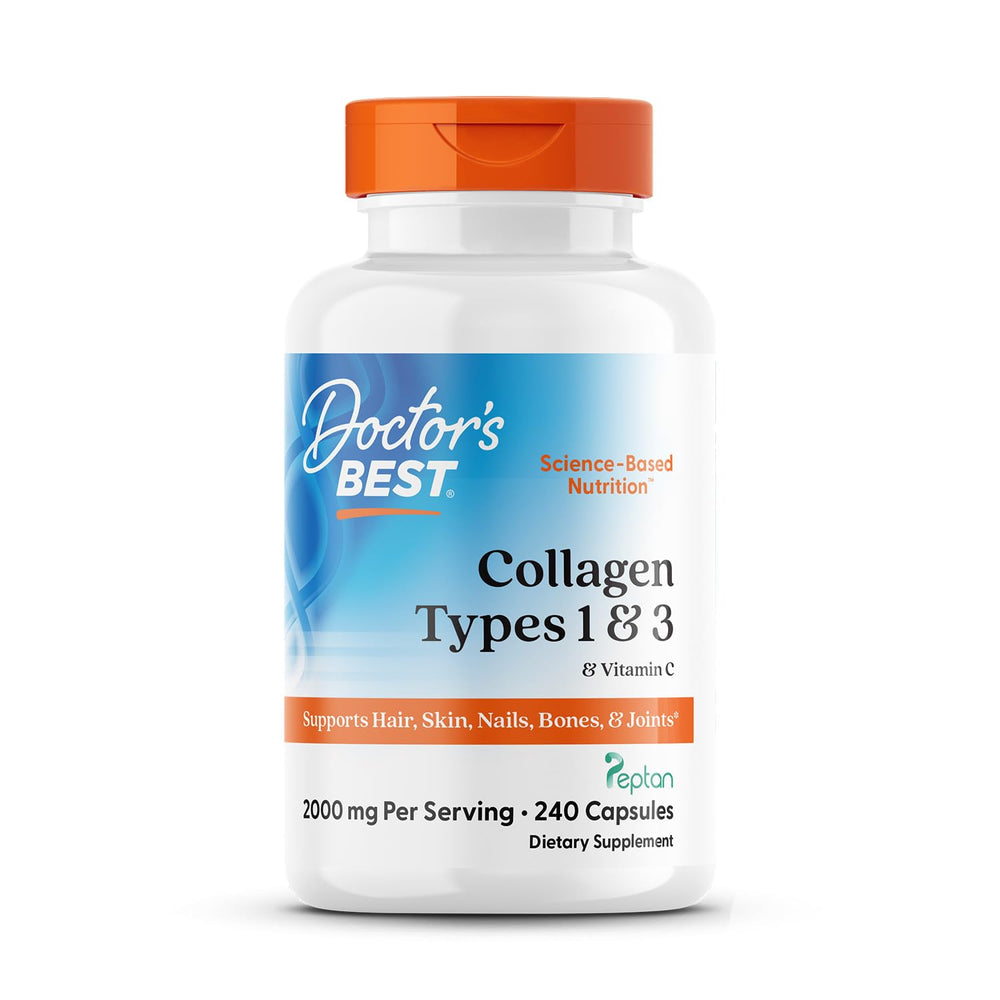 Doctor's Best Collagen Types 1 & 3 bottle front promotes daily joint support.
