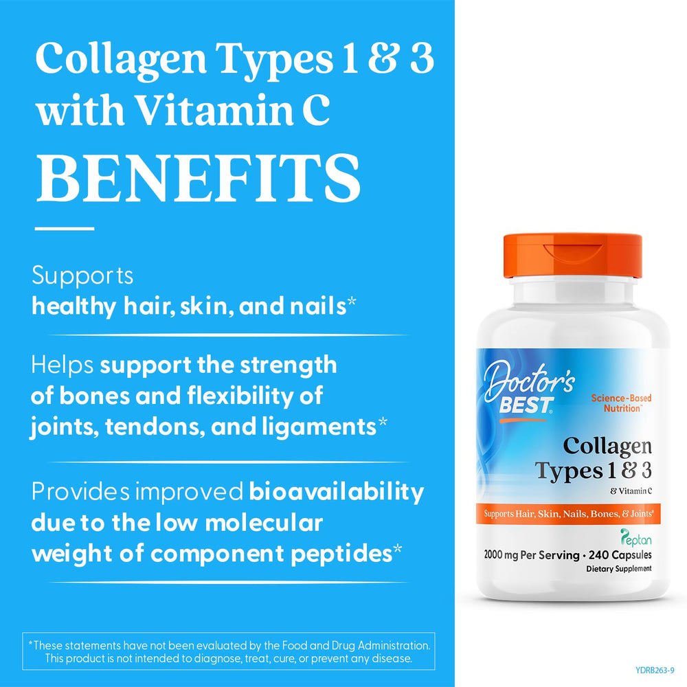 Doctor's Best collagen capsules closeup highlights hydrolyzed peptides for absorption.