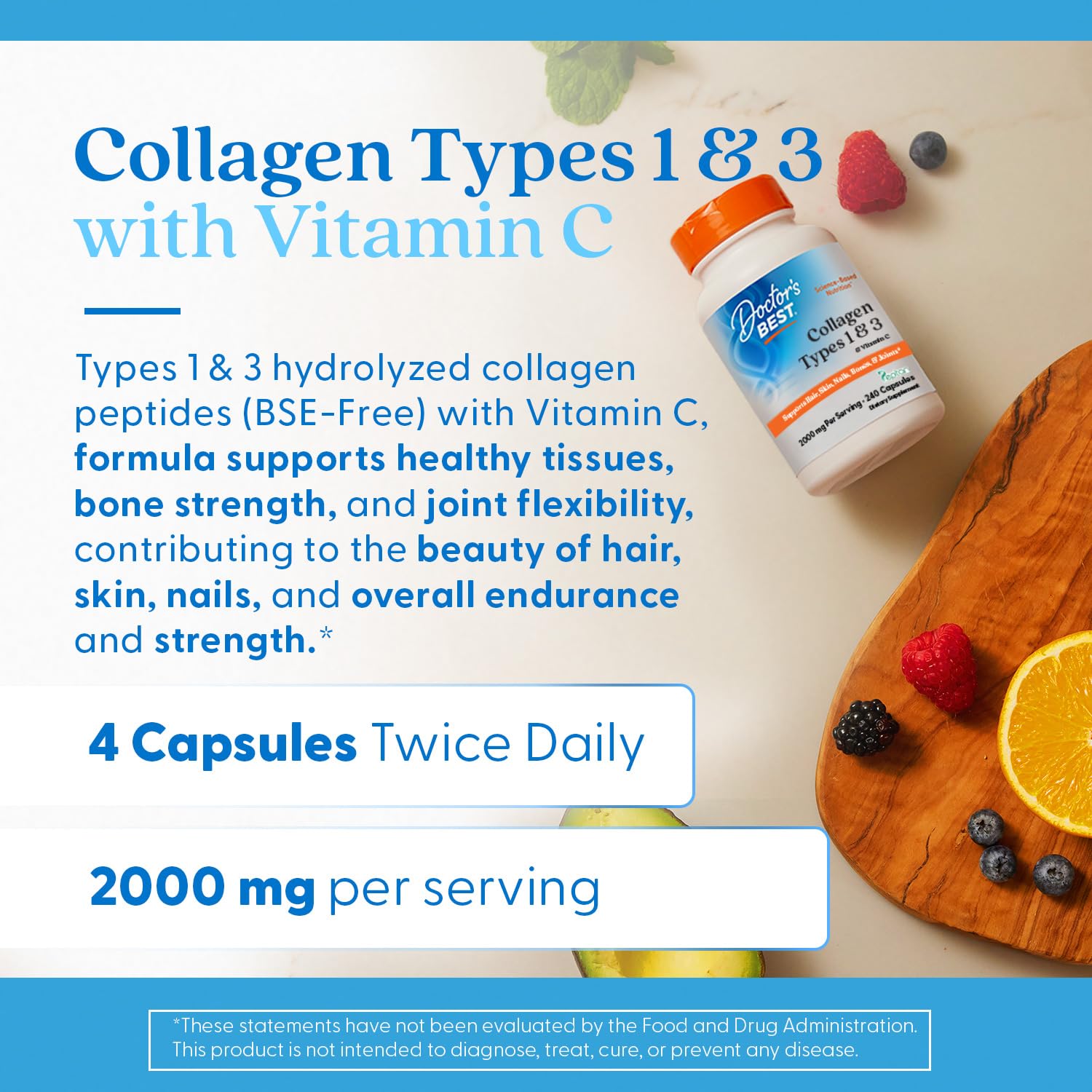Doctor's Best collagen bottle on countertop suggests simple daily routine.