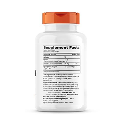 Close-up of Doctor's Best Collagen tablets highlighting hydrolyzed peptides.