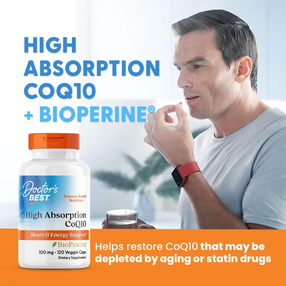 Close-up of Doctor's Best CoQ10 100 mg label emphasizing potency