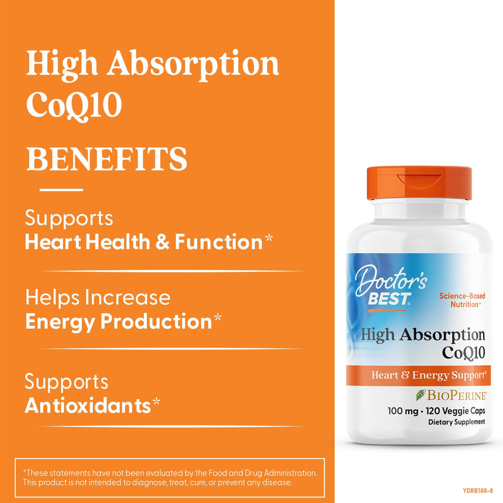 Doctor's Best CoQ10 Bioperine capsules close-up, enhanced absorption potential