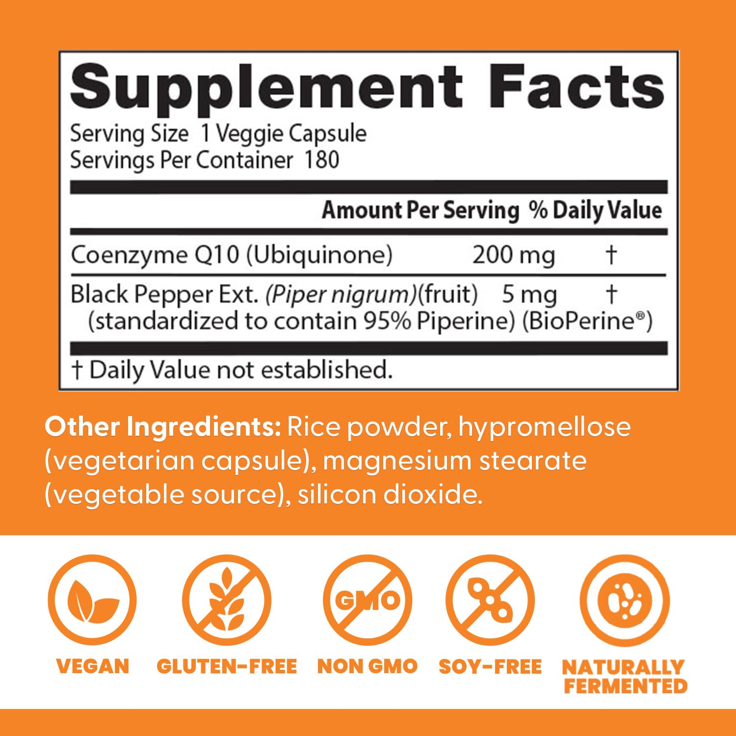 Doctor's Best CoQ10 bottle back label detailing ingredients and quality standards.