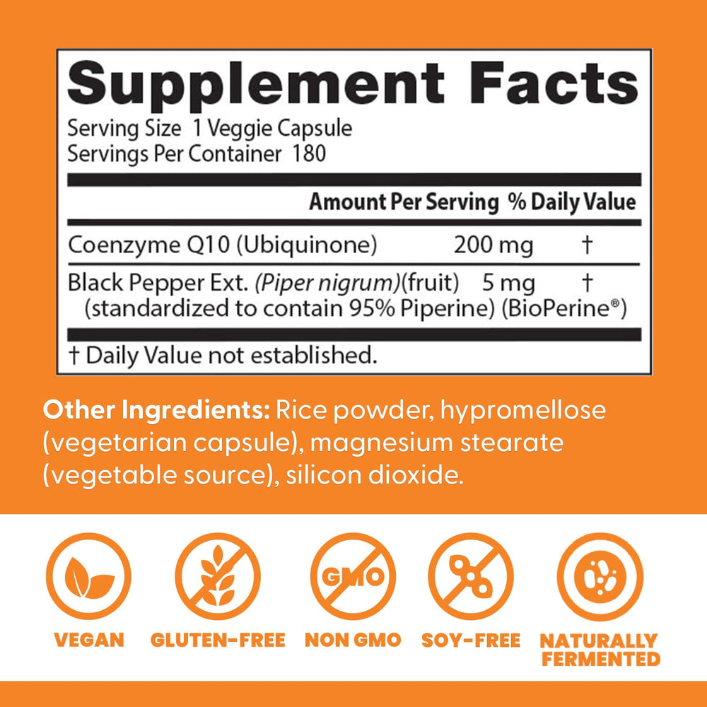 Doctor's Best CoQ10 bottle back label detailing ingredients and quality standards.