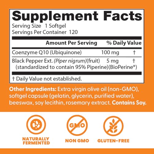 Doctor's Best CoQ10 bottle closeup highlights gluten-free, naturally fermented ingredients