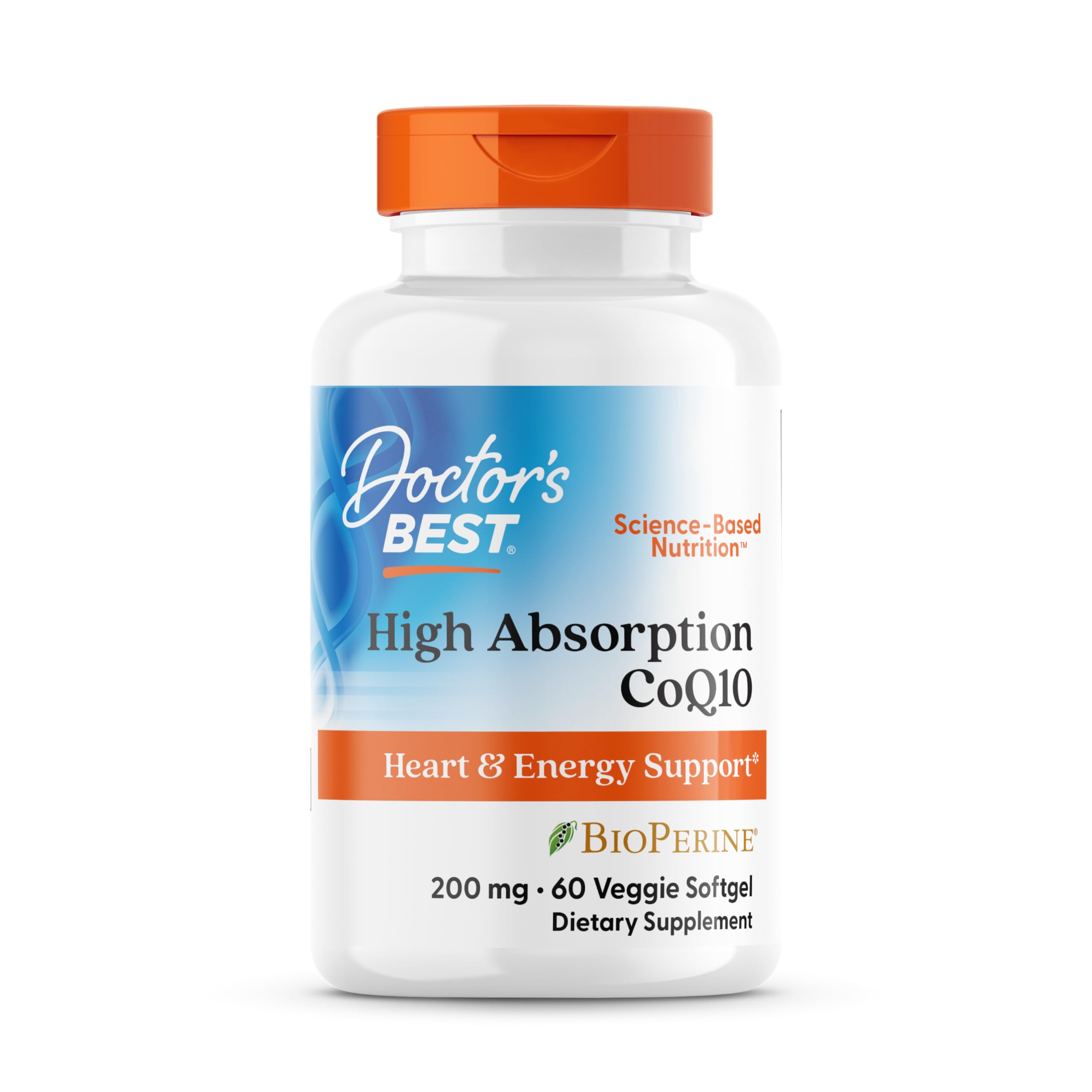 Doctor's Best CoQ10 bottle front view for heart support and quality ingredients.
