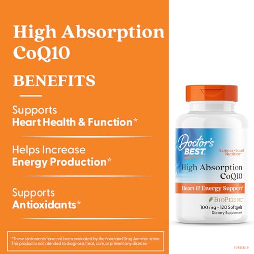 Doctor's Best CoQ10 bottle pour illustrates quick dosing for energy