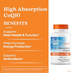 Doctor's Best CoQ10 bottle pour illustrates quick dosing for energy
