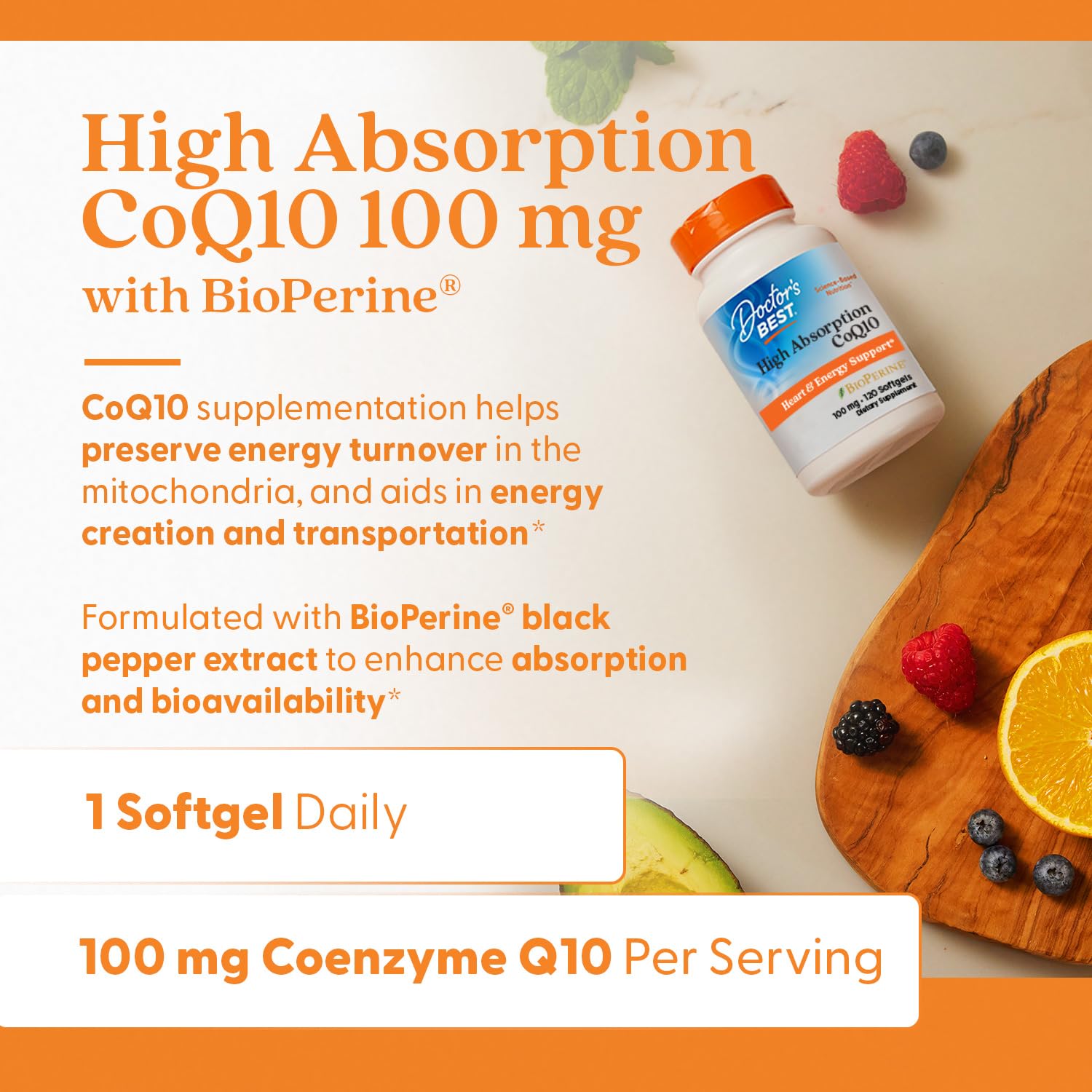 Doctor's Best CoQ10 gluten-free label emphasizes non-GMO quality