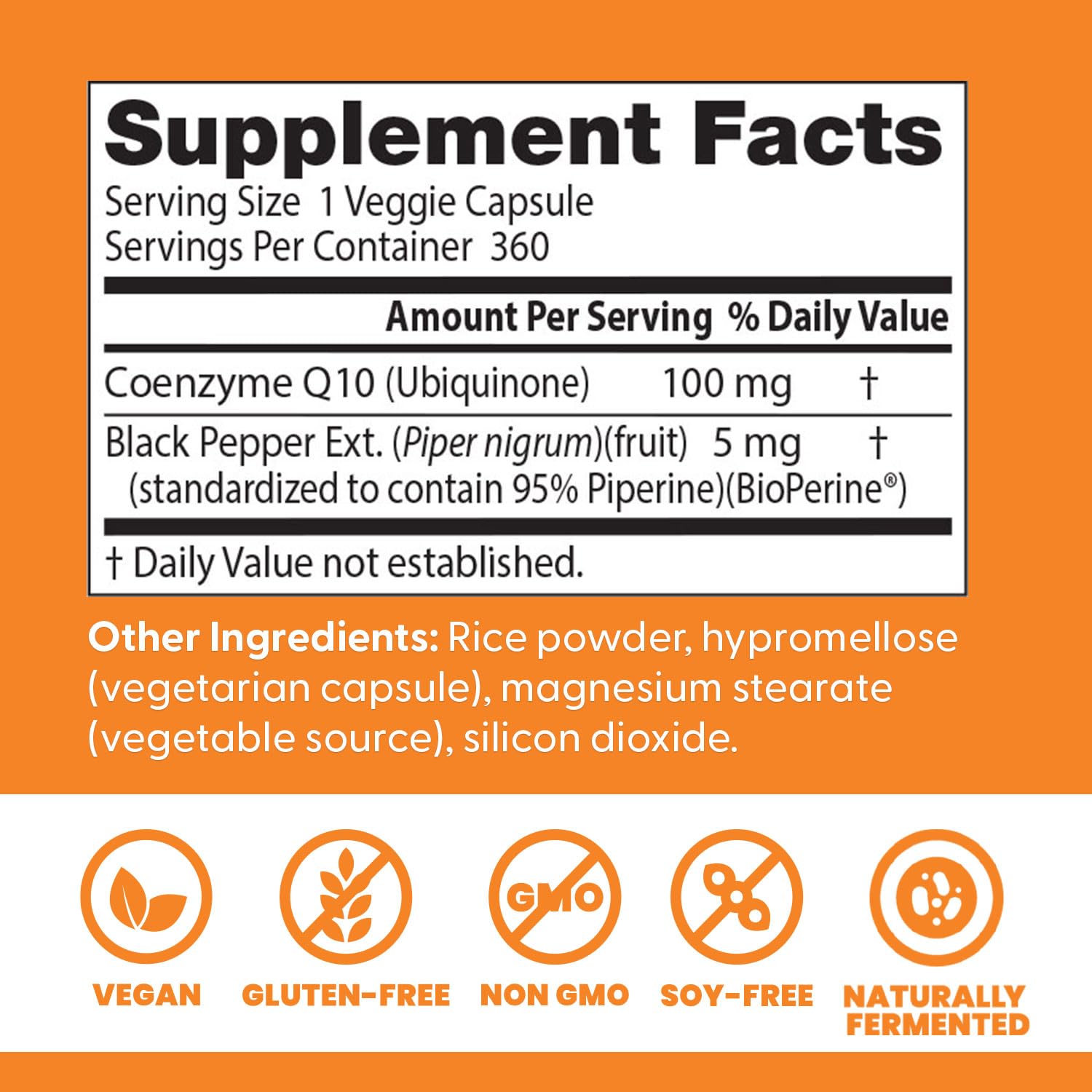 Doctor's Best CoQ10 ingredients panel emphasizing natural fermentation.