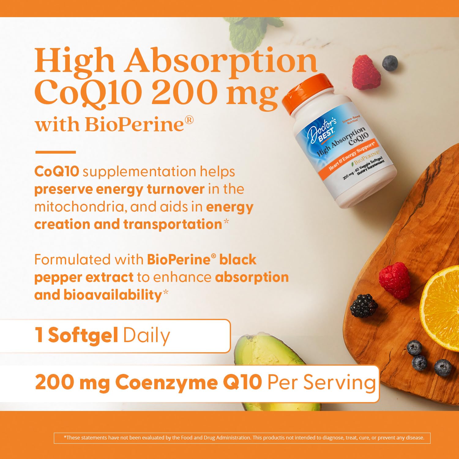 Doctor's Best CoQ10 ingredients vial displays natural fermentation and non-GMO formula.