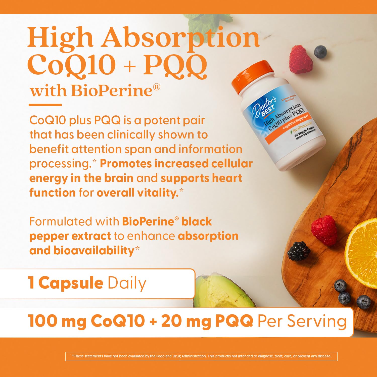 Doctor's Best CoQ10 Plus PQQ bottle features BioPerine for absorption.