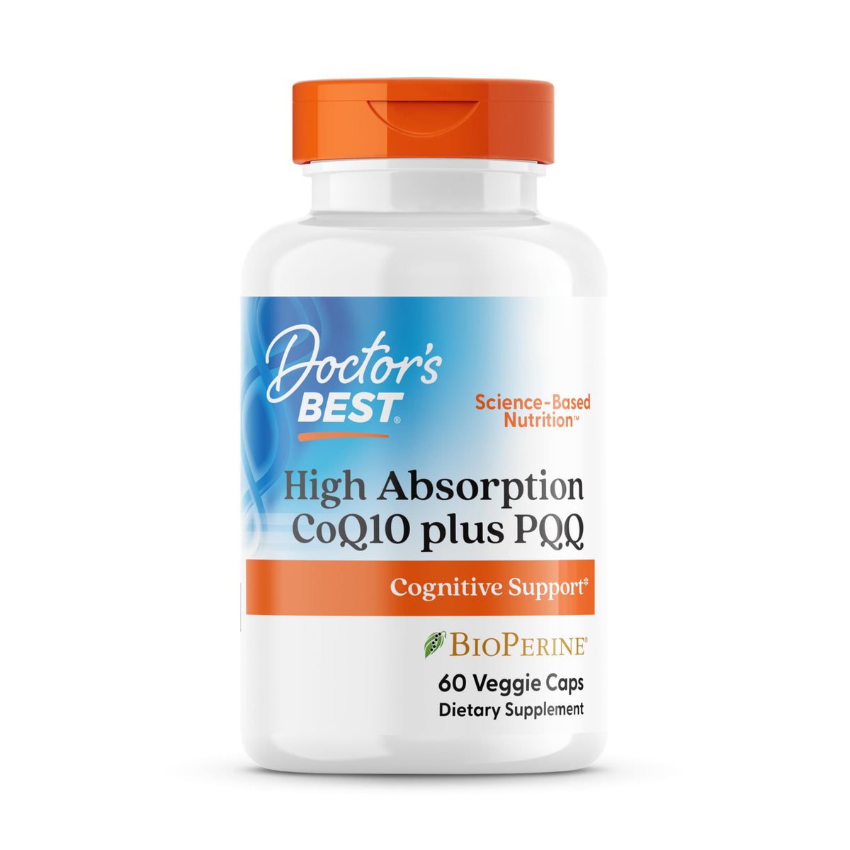 Doctor's Best CoQ10 Plus PQQ bottle highlights high absorption for daily energy.