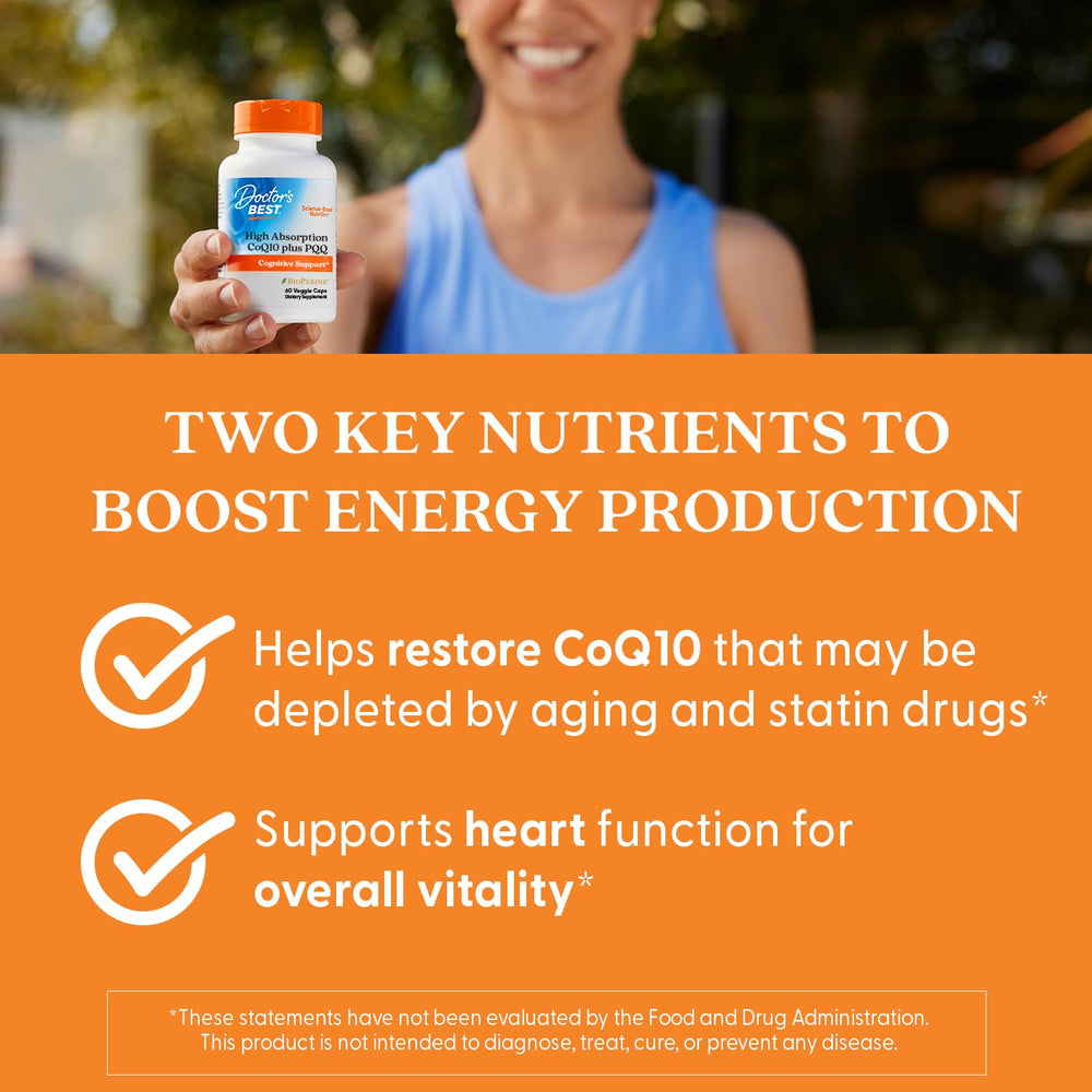 Doctor's Best CoQ10 Plus PQQ capsules arranged for easy swallowing.