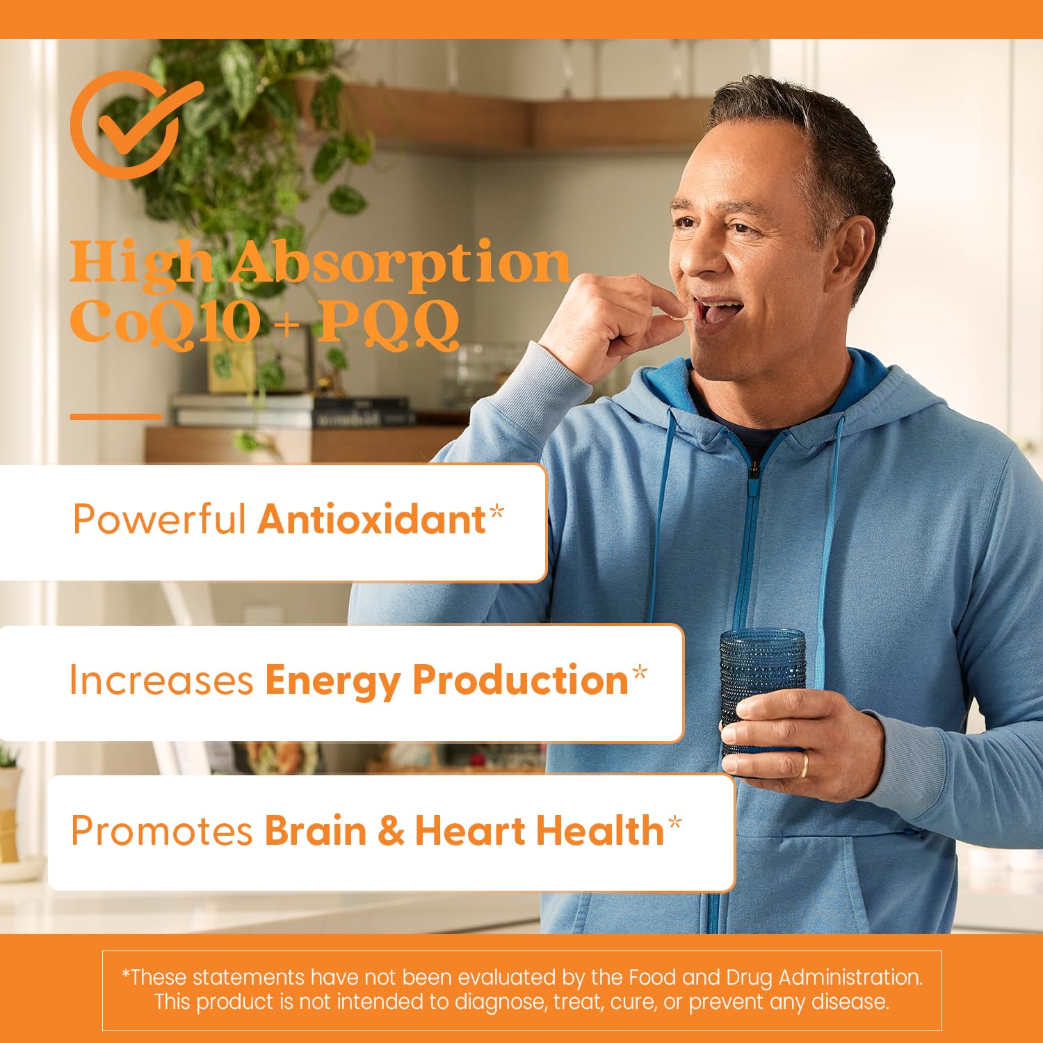 Doctor's Best CoQ10 Plus PQQ packaging on kitchen counter for daily use.