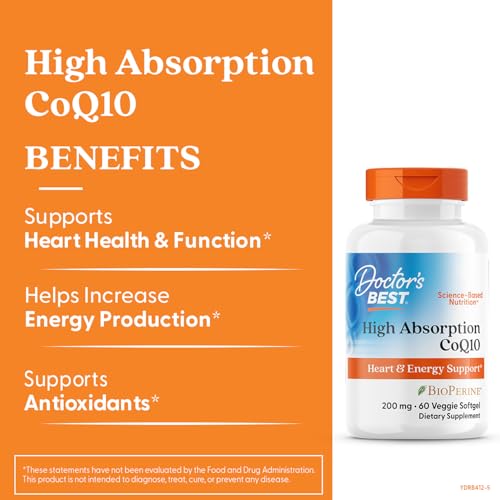 Doctor's Best CoQ10 softgels close-up emphasizing capsule texture and absorption focus.