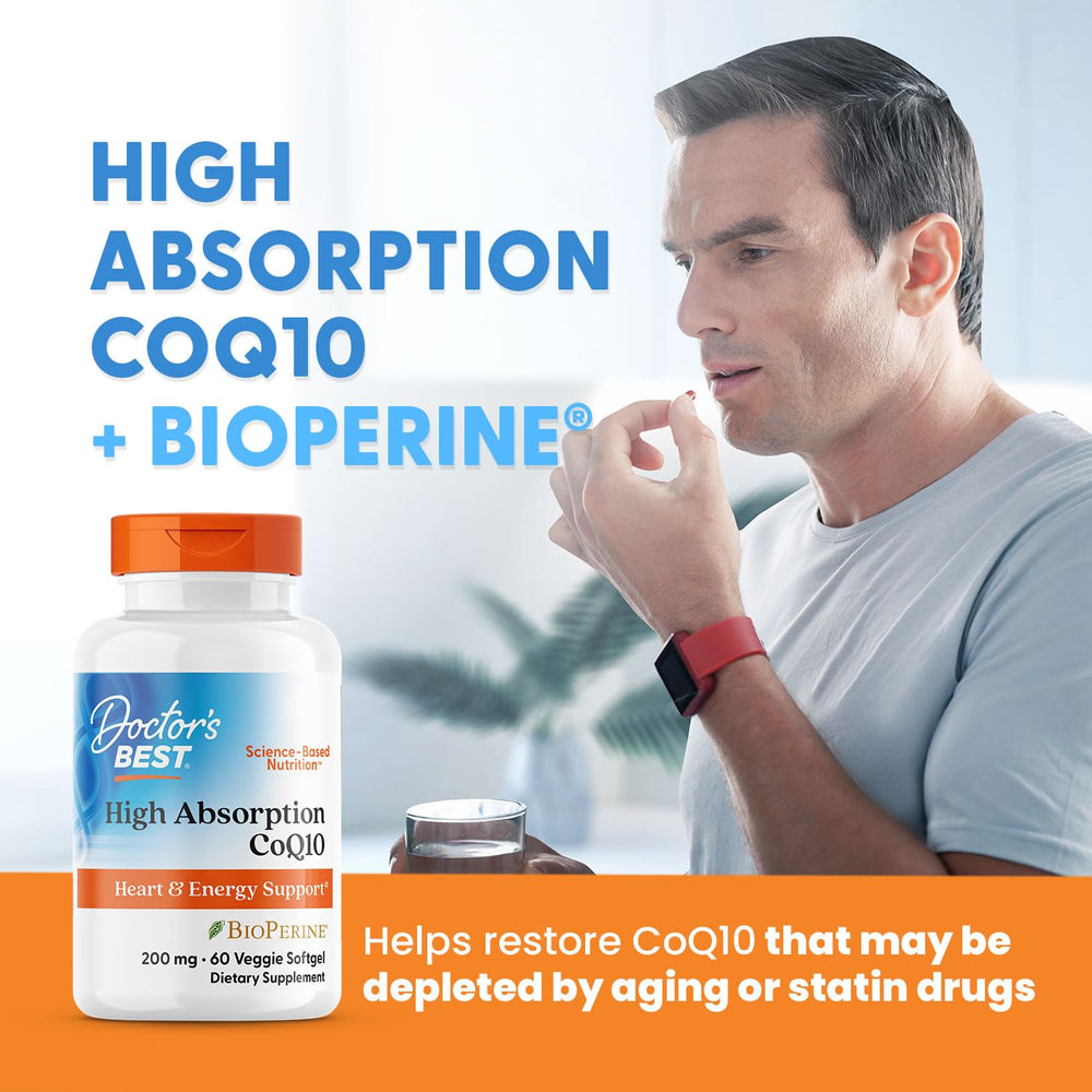 Doctor's Best CoQ10 softgels in hand illustrate convenient daily use.