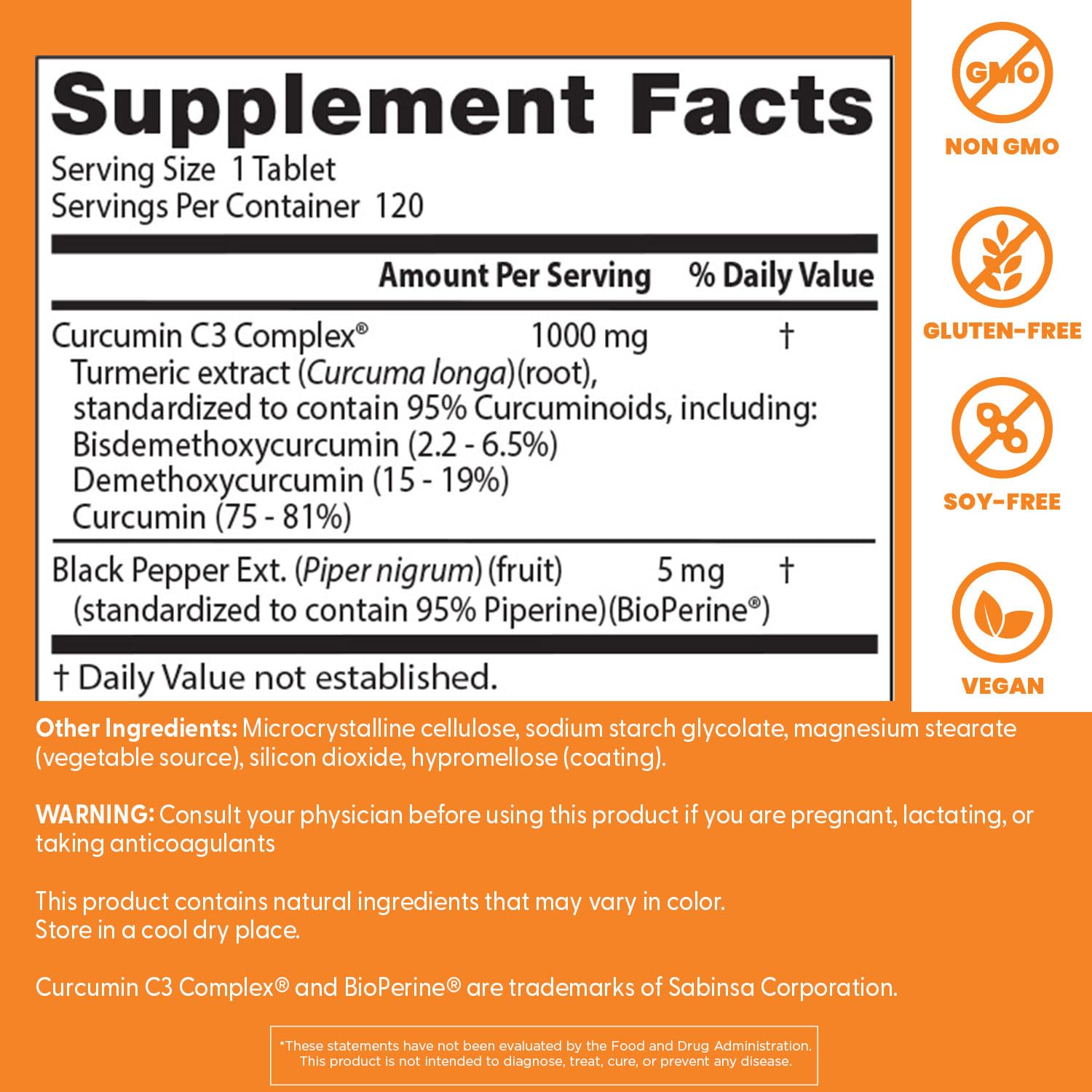 Doctor's Best Curcumin BioPerine bottle label shows gluten-free, non-GMO formulation for daily comfort.