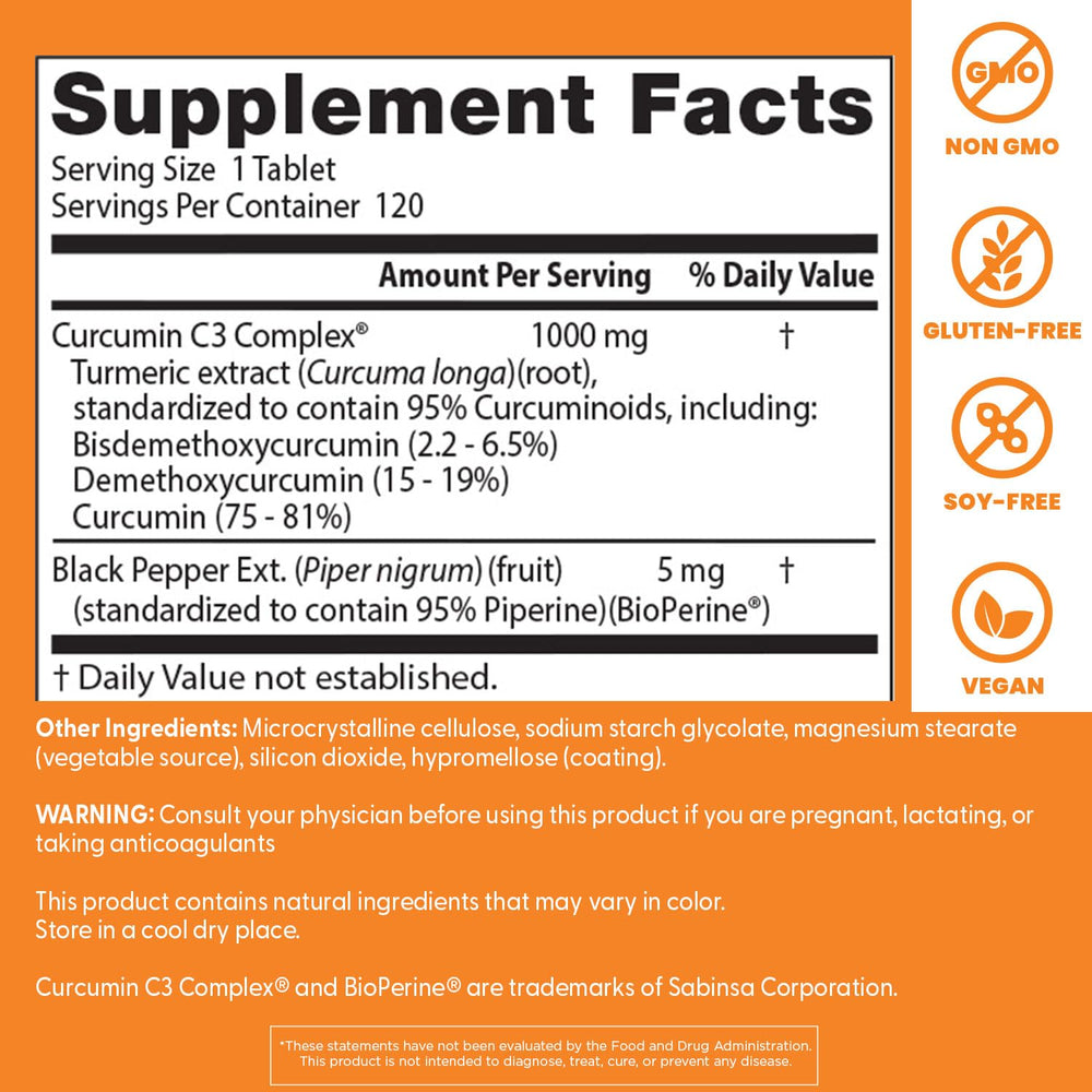 Doctor's Best Curcumin BioPerine bottle label shows gluten-free, non-GMO formulation for daily comfort.