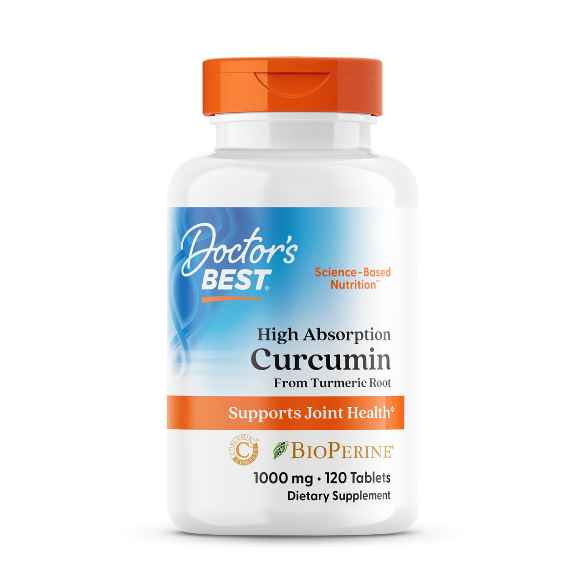 Doctor's Best Curcumin C3 Complex bottle focuses on joint support and antioxidant potential.