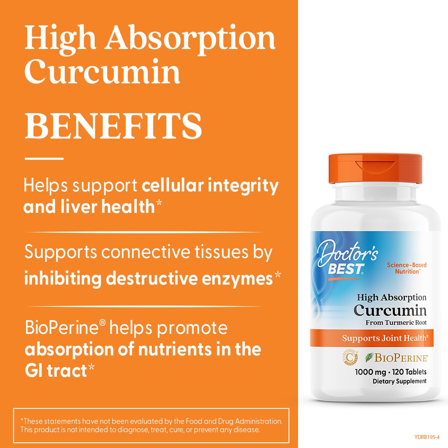 Doctor's Best Curcumin capsules closeup highlights high absorption for joint health.