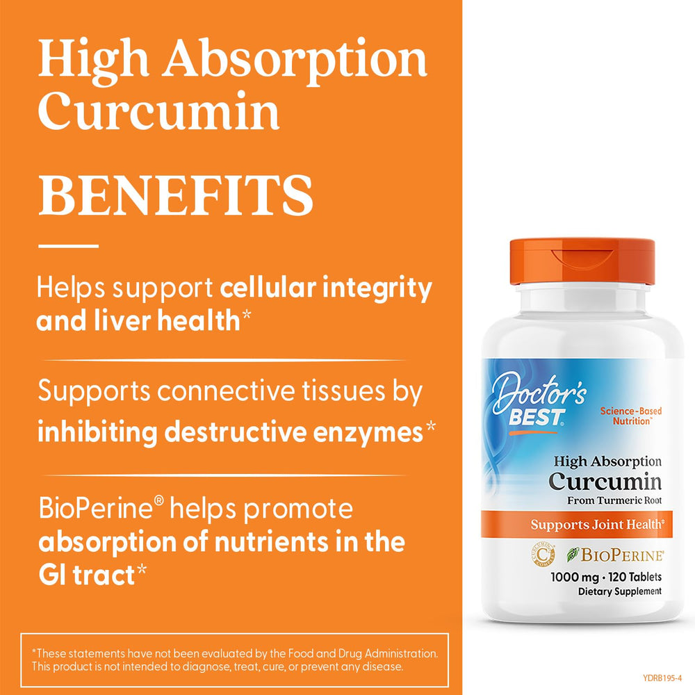 Doctor's Best Curcumin capsules closeup highlights high absorption for joint health.