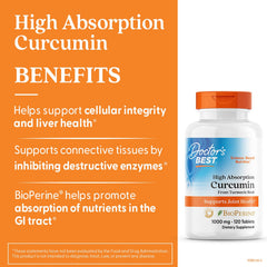 Doctor's Best Curcumin capsules closeup highlights high absorption for joint health.