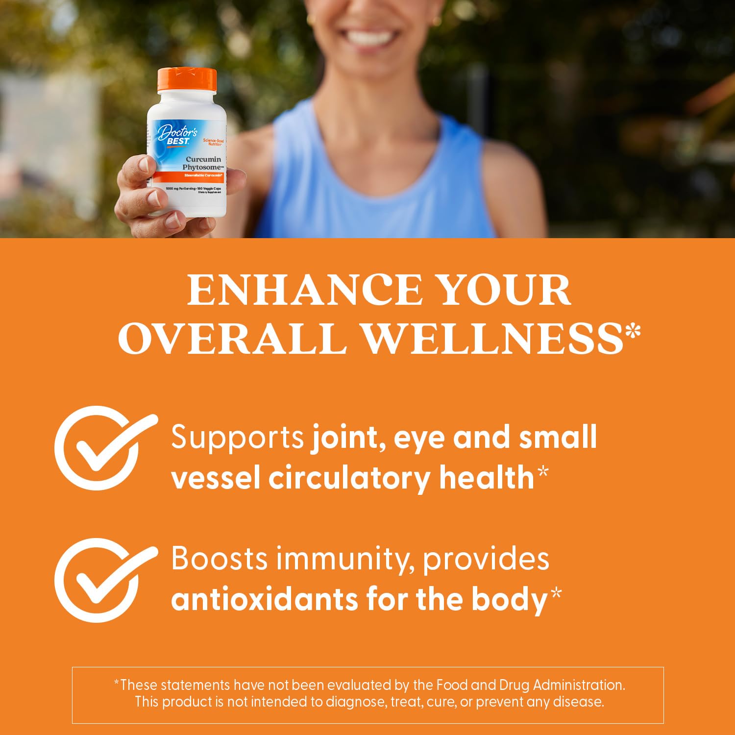 Doctor's Best Curcumin Phytosome Meriva veggie caps highlight vegan, gluten-free, non-GMO formula