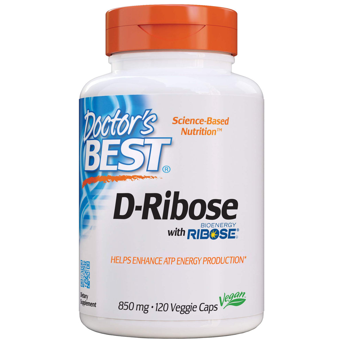 Doctor's Best D-Ribose bottle front with 120 vegan capsules for energy support.