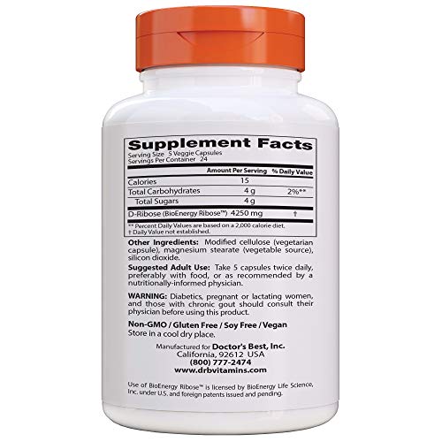Close-up of Doctor's Best D-Ribose capsules for easy daily energy.