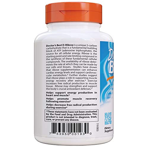 Serving size guide for Doctor's Best D-Ribose showing five capsules.