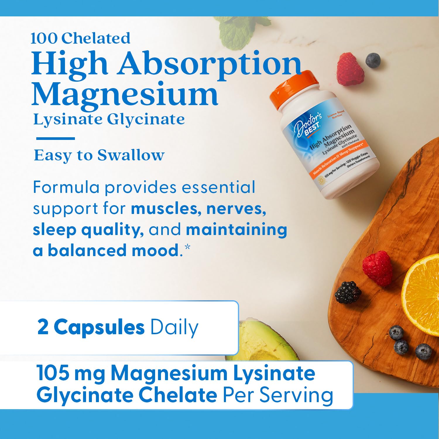 Person taking Doctor's Best magnesium capsules as part of daily routine for relaxation support.