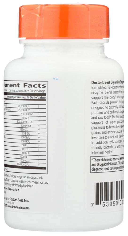 Label view of Doctor's Best Digestive Enzymes showing non-GMO and gluten-free attributes.