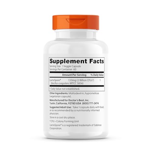 Doctor's Best Digestive Health Probiotic label front highlights LactoSpore stability