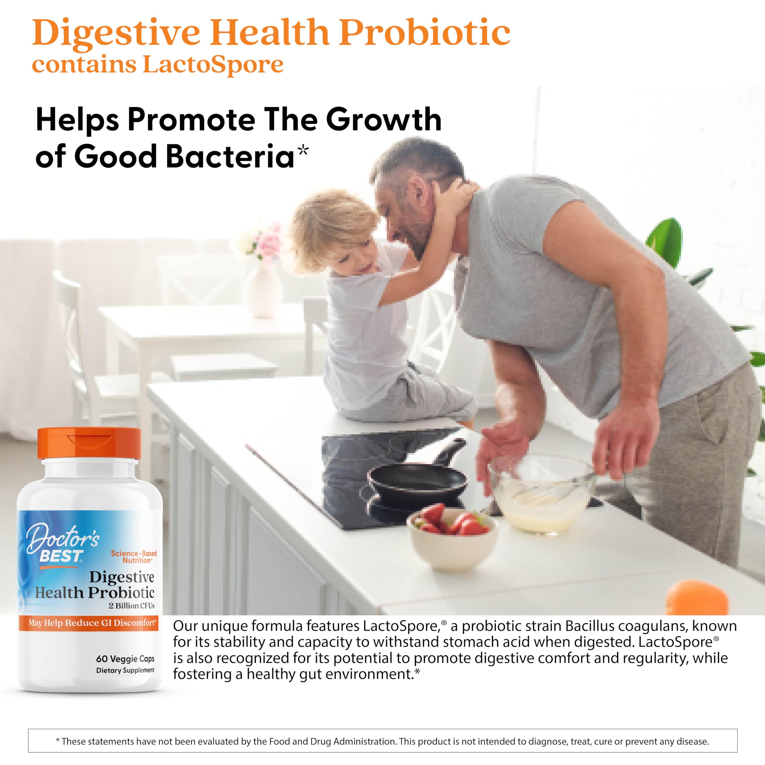 Doctor's Best Digestive Health Probiotic packaging emphasizes vegan and non-GMO features