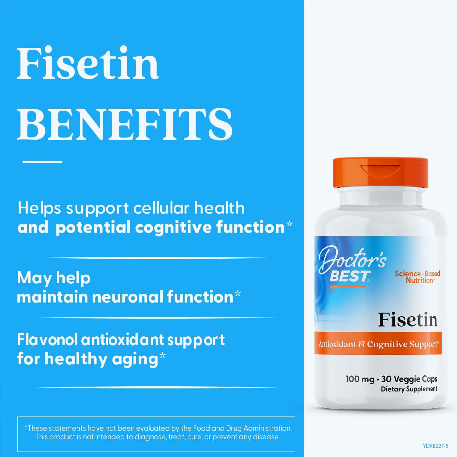 Front packaging of Doctor's Best Fisetin with Novusetin, non-GMO formula for clean nutrition