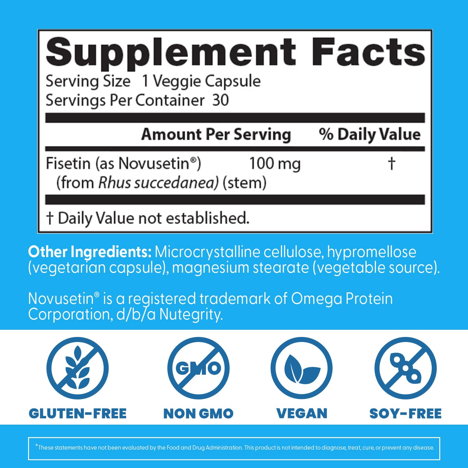 Ingredient label detail on Doctor's Best Fisetin with Novusetin bottle for quality