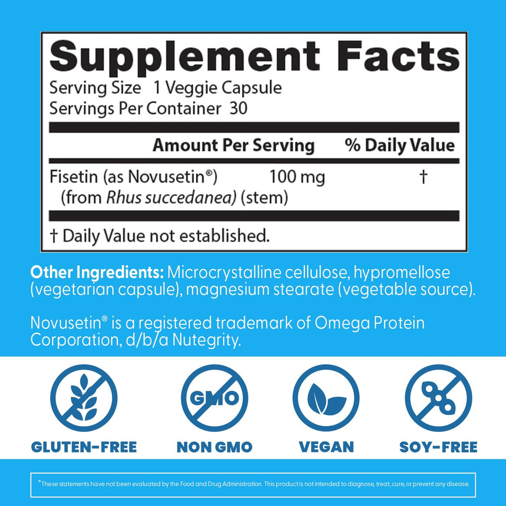 Ingredient label detail on Doctor's Best Fisetin with Novusetin bottle for quality