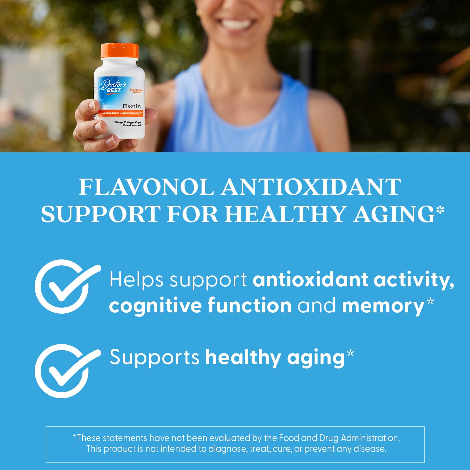 Serving suggestion with water and Doctor's Best Fisetin capsules for easy daily use
