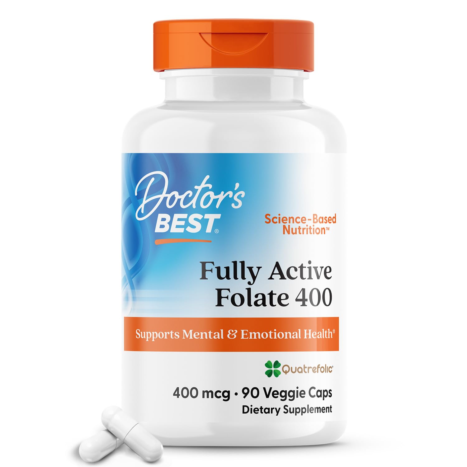 Doctor's Best Fully Active Folate bottle on a table for daily folate support.