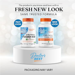 Doctor's Best Fully Active Folate label close-up highlighting Quatrefolic for bioavailability.