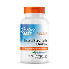 Doctor's Best Ginkgo Extra Strength bottle pour highlights easy daily memory support.