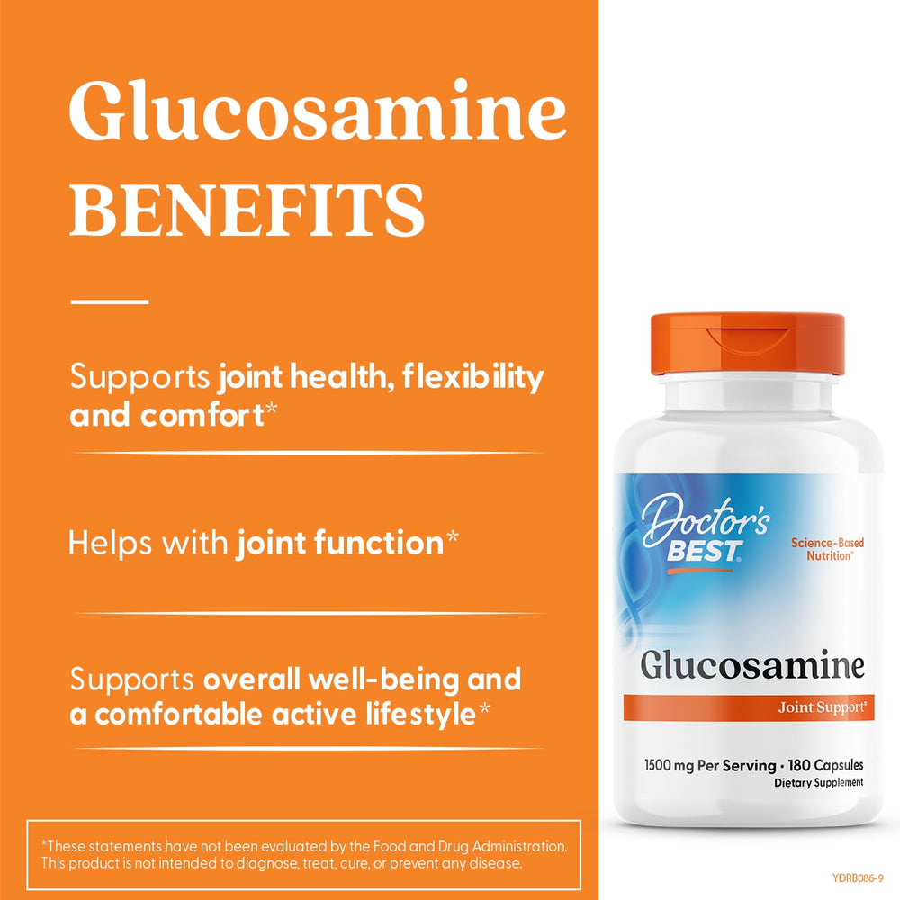 Capsules close-up showing sodium-free, potassium-stabilized glucosamine for joint health.