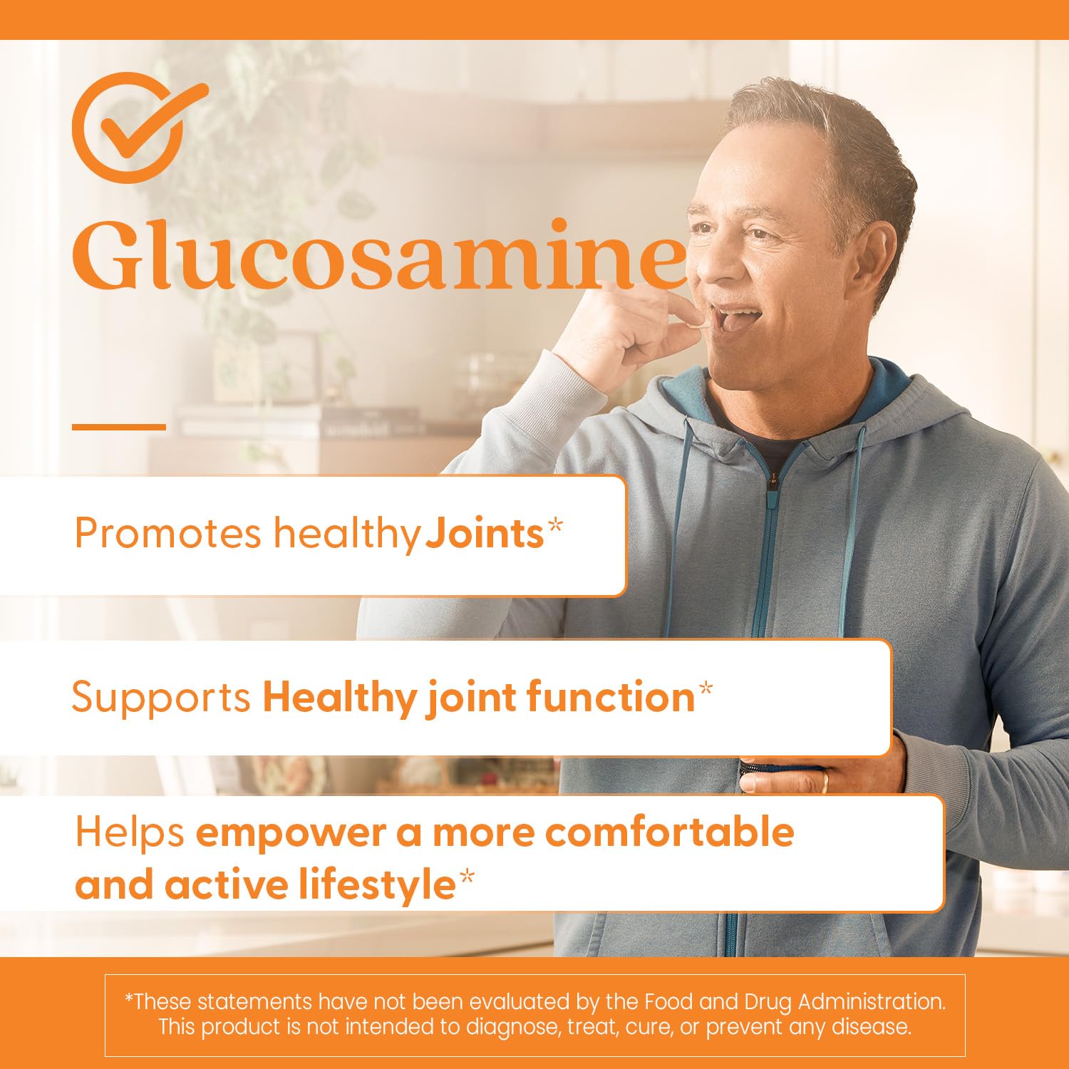 Ingredients panel featuring glucosamine and sulfate support elements.