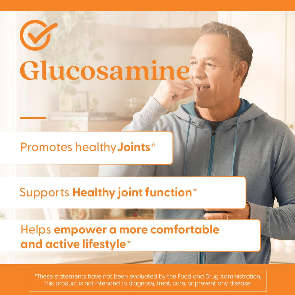 Ingredients panel featuring glucosamine and sulfate support elements.