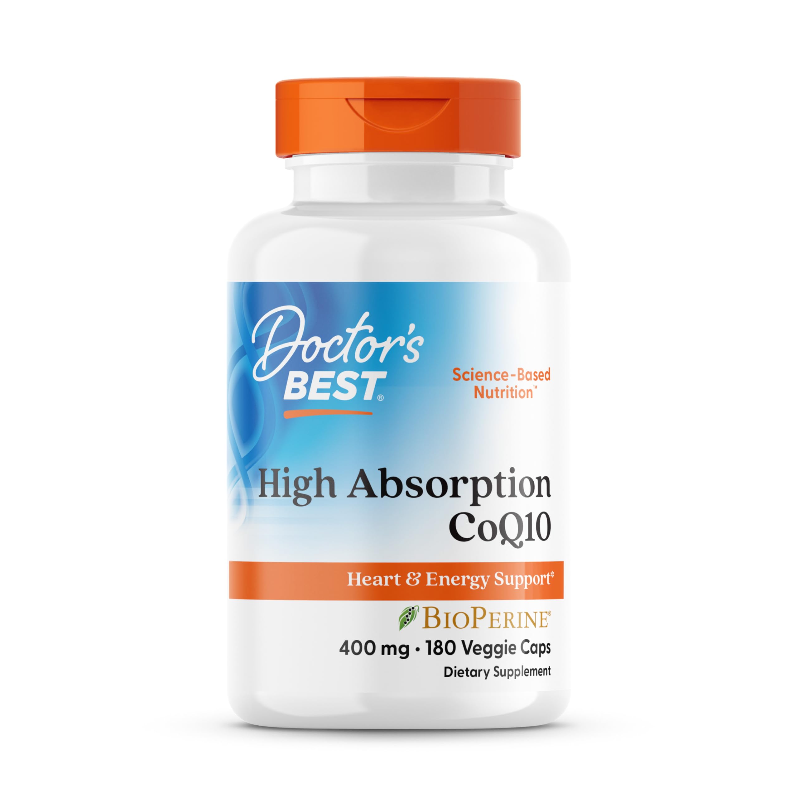 Doctor's Best High Absorption CoQ10 bottle highlighting heart vitality and energy support